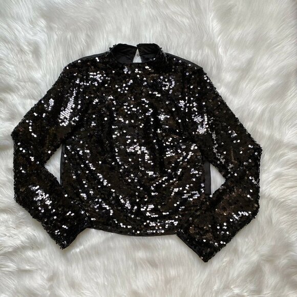 H&M Black Sequin Top Formal High Neck Size 2 Women - Picture 2 of 7